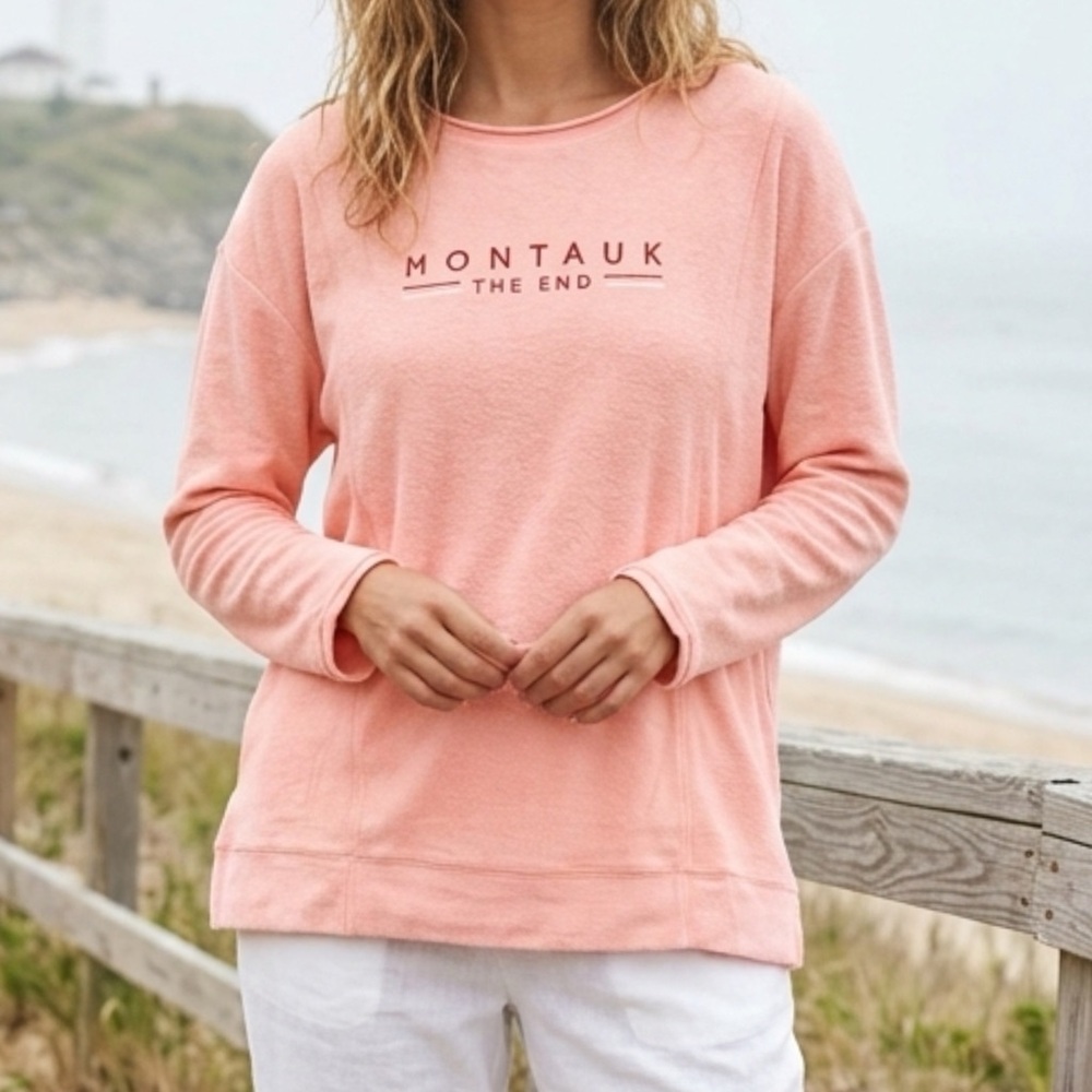 Montauk The End Women's Crewneck Raw Hem Pullover - Coral Pink